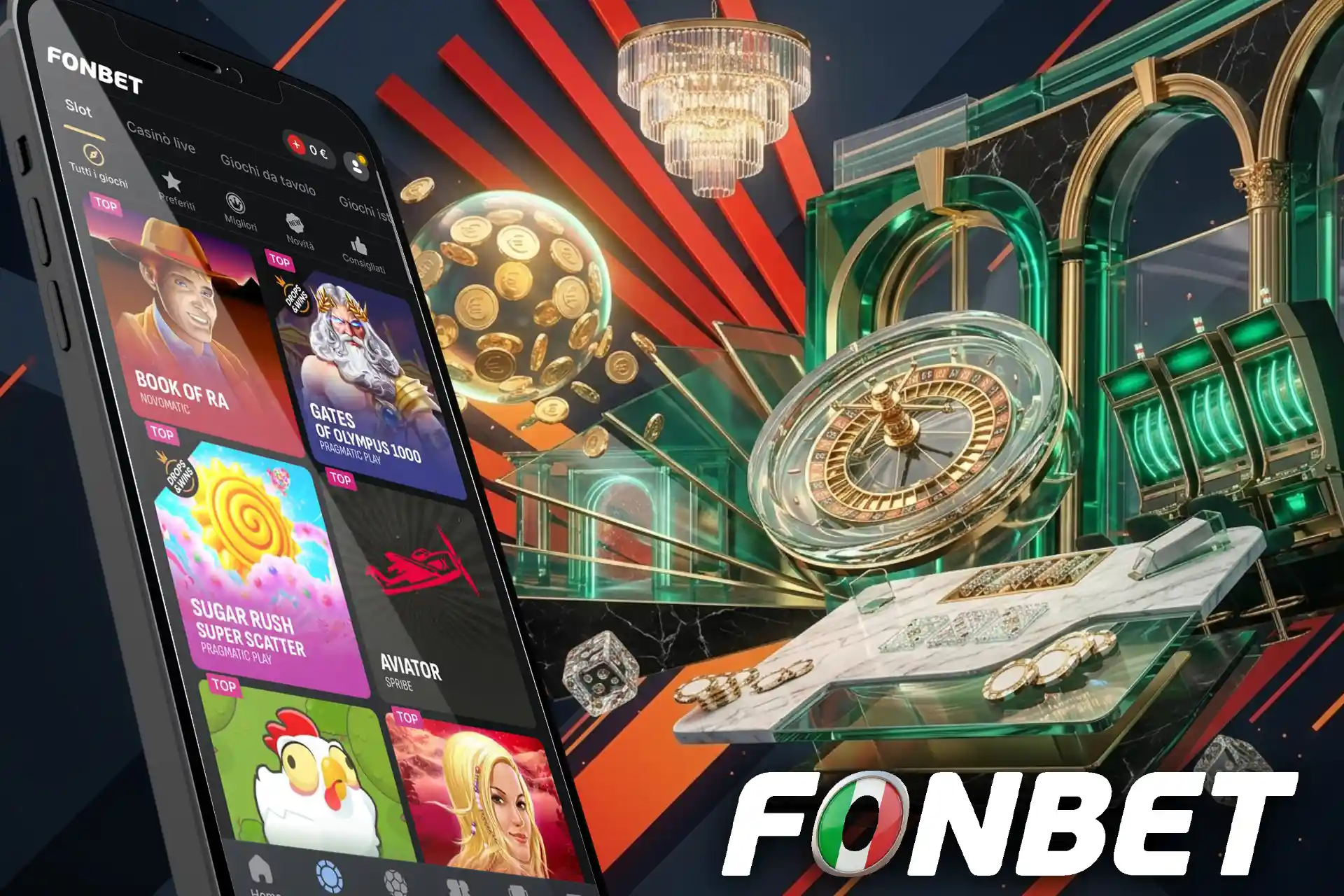 Fonbet casino con slot, giochi live, tavoli e crash games.